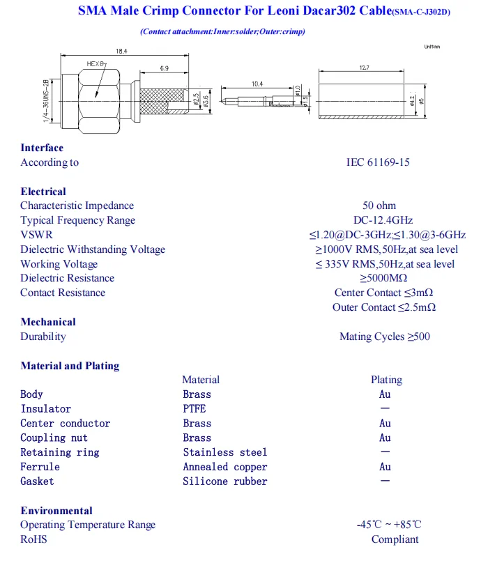 RF Coaxial SMA Male Crimp Connector For Leoni Dacar 302 Cable - Image 2