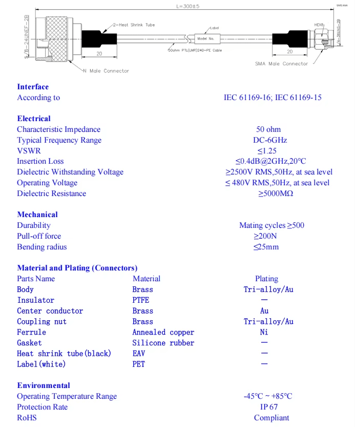 Coaxial Cable 300mm PTL(LMR)240 Cable Jumper Assembly With N Male to SMA Male Connectors - Image 5